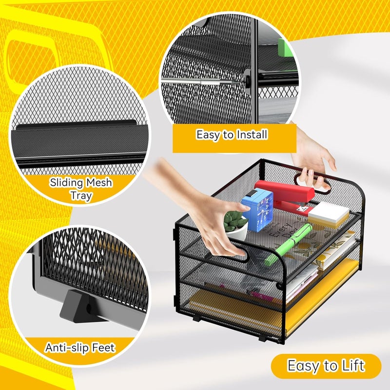 MINDEPOT 3 Tier Paper Organizer Tray with Handle, Mesh Letter Tray for Office, Home, School (1 Pack), Black - Image 4
